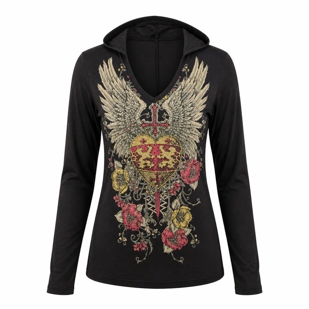 VTG Y2K Gothic Winged Heart Hoodie Shirt Womens S Cross Rose Grunge L/S Archaic